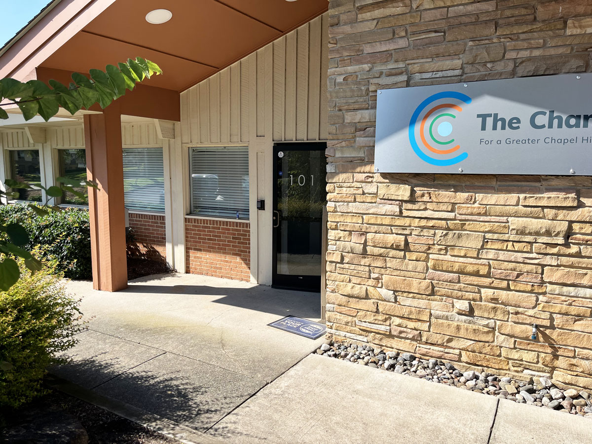 Front entrance to meeting room for Chapel Hill Leads Group located at the Chapel Hill Carrboro Chamber of Commerce